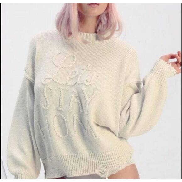 Wild Fox Wool Blend Distressed Crew Neck Sweater Women L‎ Color Ivory - Picture 7 of 7